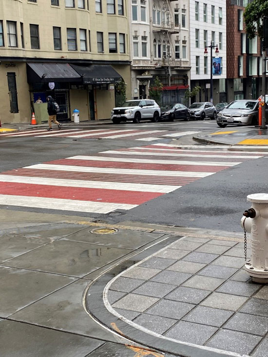 Crosswalk with safety improvements on Taylor Street San Francisco where the Safer Taylor Street Project was completed.