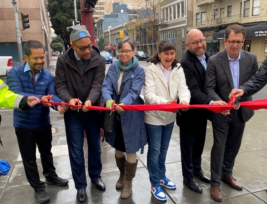 Aung Maung, District 4 Chief Safety Officer/ Division Chief, Transportation Safety (seen far left) joined in a celebratory ribbon cutting ceremony with San Francisco stakeholders, to mark the successful completion of Safer Taylor Street Project