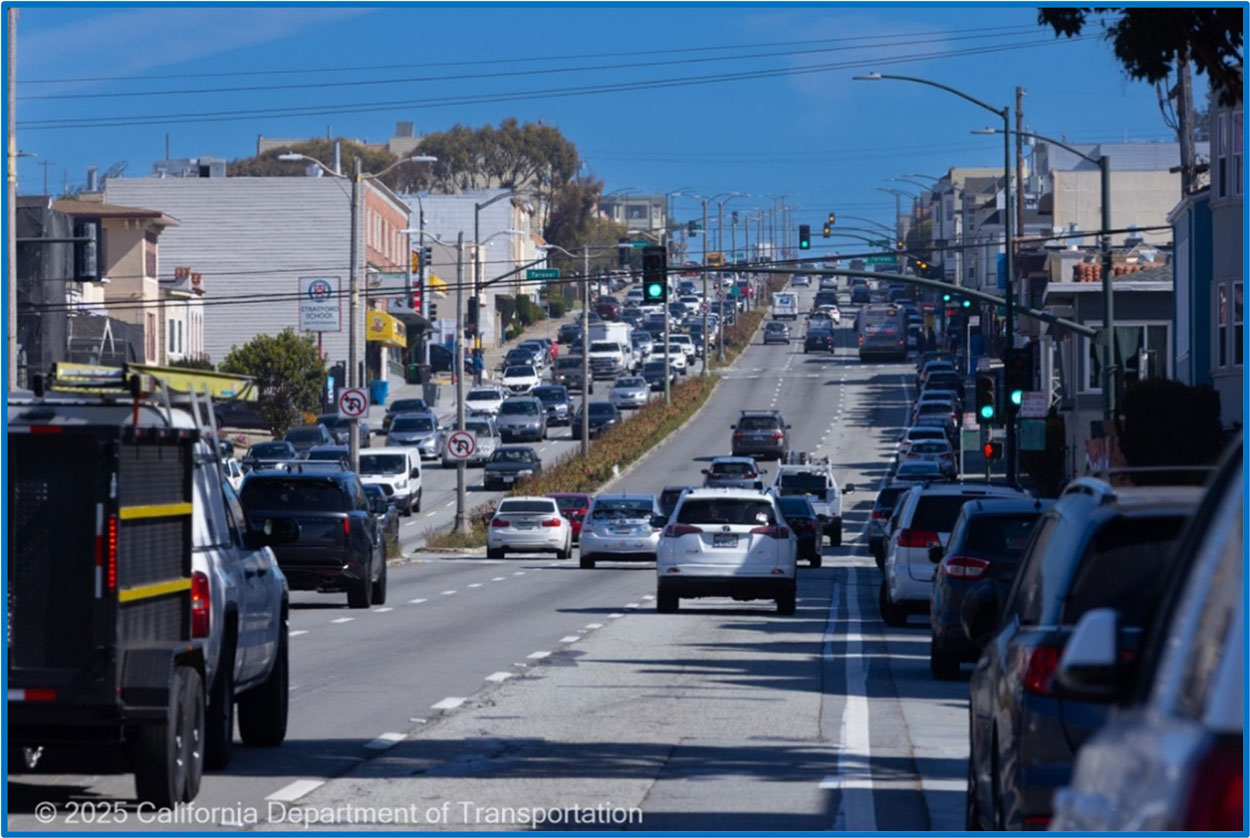 Cars traveling Northbound on 19th Avenue in San Francisco.
