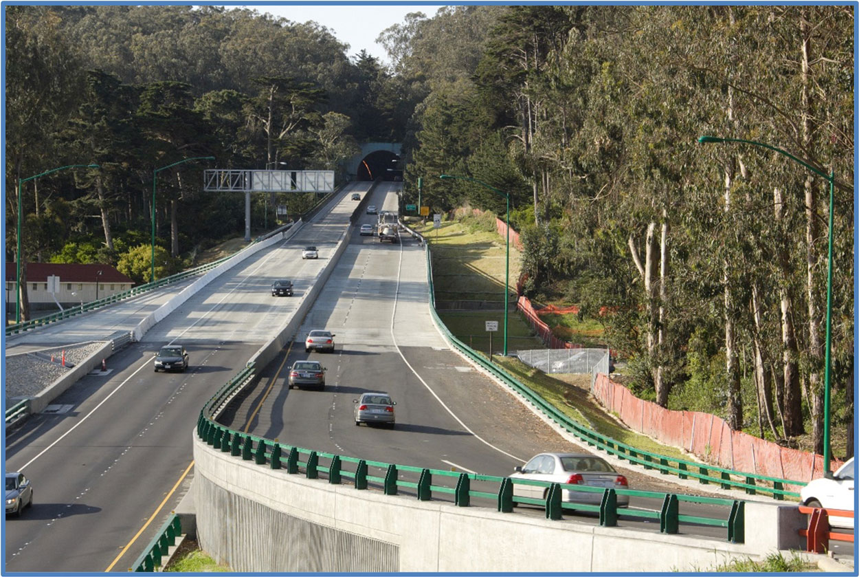 Cars traveling on the Presidio Parkway in San Francisco.