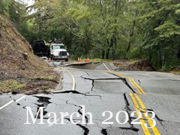 Photograph of damaged roadway on State Route 84 with cracked and buckling asphalt. The photo has "March 2023" superimposed over the image.