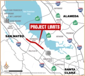 Map showing the project limits of the San Mateo US-101 Pavement Rehabilitation & Median Barrier Upgrade Project. The project is located on US-101 in East Palo Alto, Menlo Park, and Redwood City, from Santa Clara/ San Mateo County line to 0.1 mile south of Whipple Avenue.
