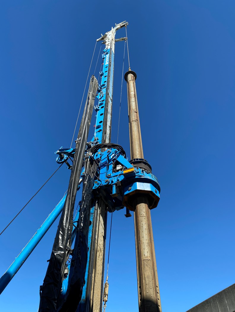 This pile drill rig is key piece of equipment to drilling the deep foundations needed to support the bridge.