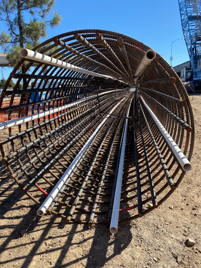 Crews have been busy placing materials, such as this 140-foot rebar cage, in the work area.