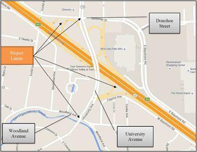 Area map shows the University Avenue project area from Donohoe Street to Woodland Avenue.
