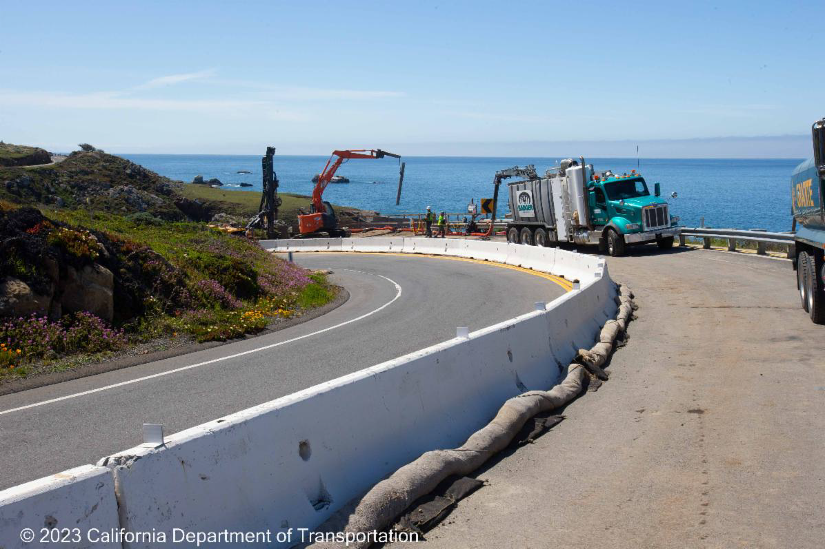 Caltrans working on State Route 1 Multi-Asset Roadway Rehabilitation Project, to protect construction crews and pedestrians from traffic while working in the roadway, Caltrans employs heavy concrete barriers known as "K-Rail".