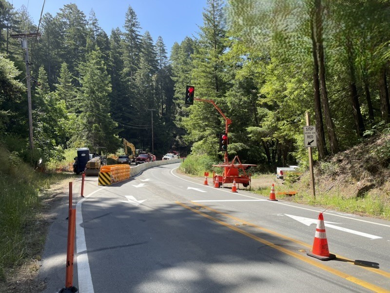One-way traffic control on State Route 84 in San Mateo County near La Honda.