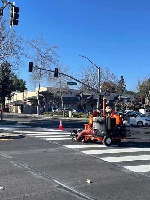Striping equipment on State Route 82 in Santa Clara County.