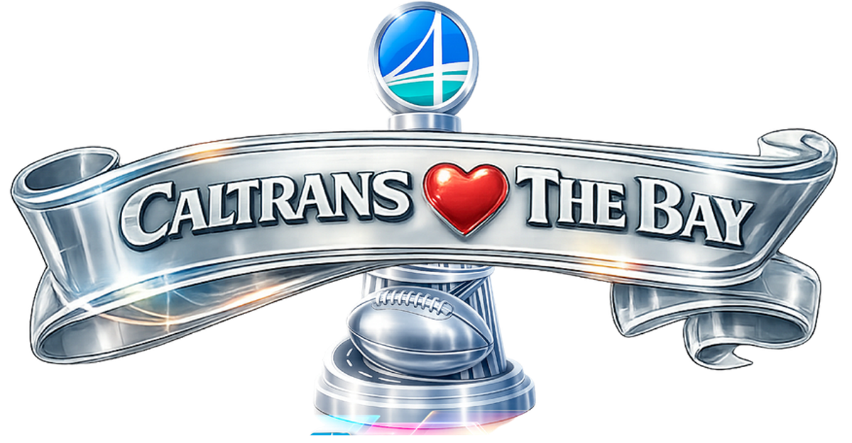 A silver trophy topped with the Caltrans District 4 logo and a football sitting on the base. A silver ribbon is in front of the trophy with the words "Caltrans ♥ The Bay" across it.