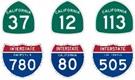 Collage of Highway shields, State Route 37, State Route 12,, State Route 113, Interstate 780, Interstate 80, and Interstate 505