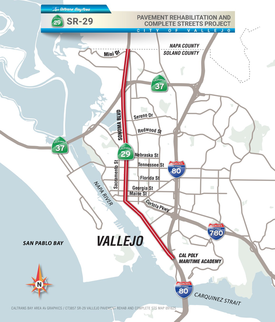 Map of the project area for the State Route 29 Pavement Rehabilitation & Complete Street Project. The project extends from Sequoia Avenue at the southern end to the Solano/Napa county line at the northern end.