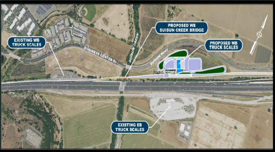 Map showing the location of the new truck scale on westbound I-80 near Fairfield in comparison to the existing truck scales on westbound and eastbound I-80.