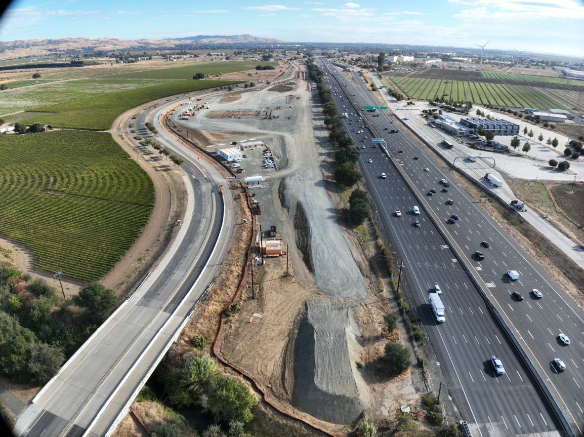 Aerial photograph of the location of the new truck scales construction site between westbound Interstate 80 and Suisun Parkway in Solano County.