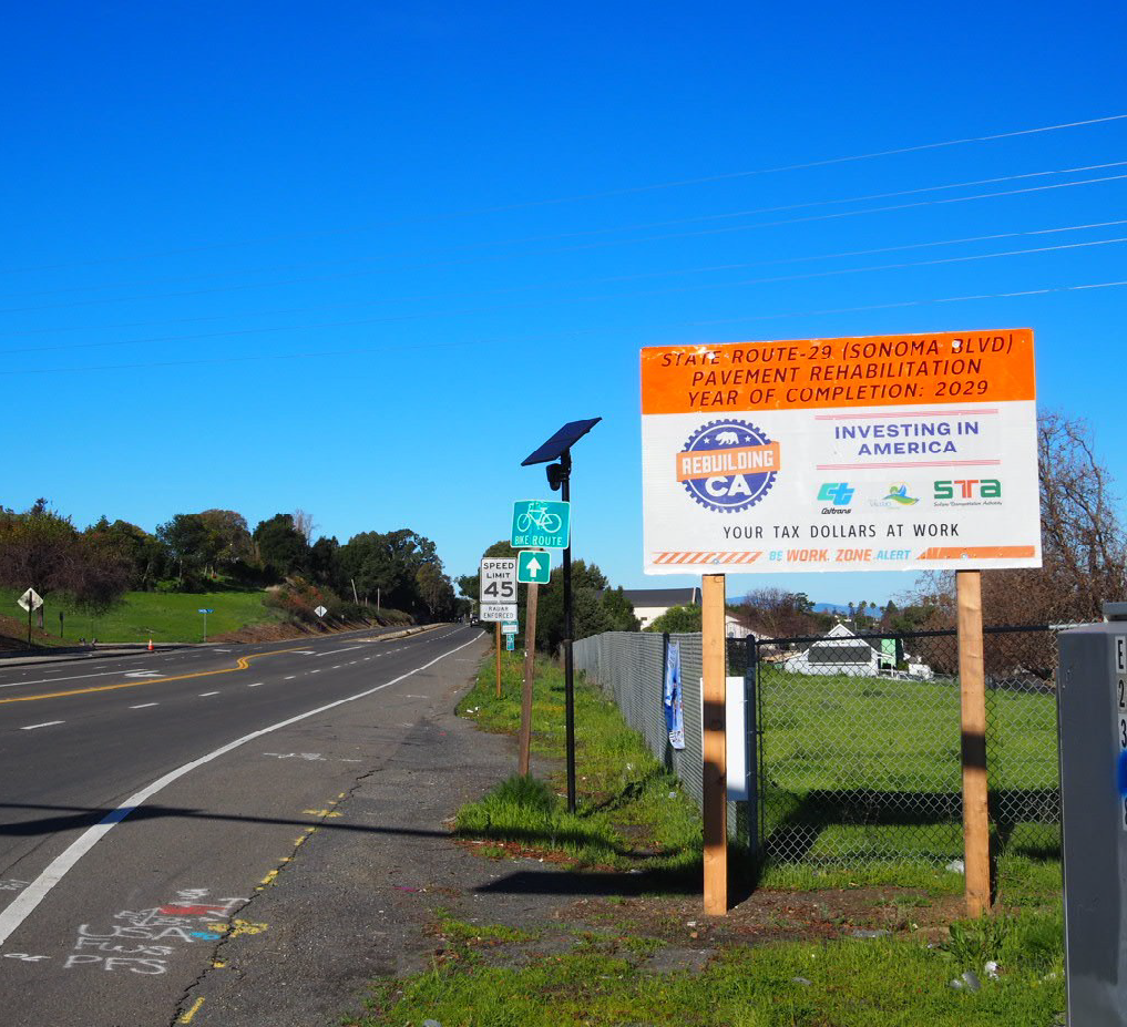 Sign for the State Route 29 (Sonoma Blvd) Pavement Rehabilitation project. Listed year of completion: 2029.