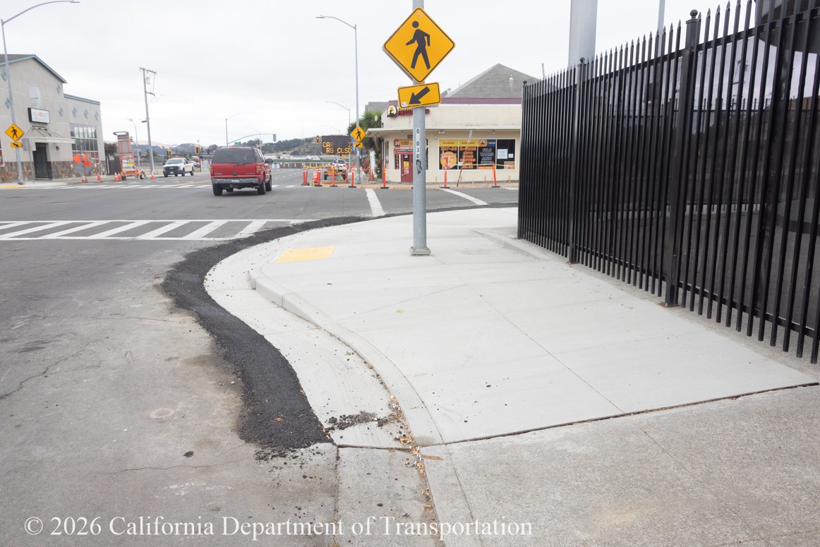 A completed bulb out installed by Caltrans as part of the State Route 29 Rehabilitation and Complete Street Project.