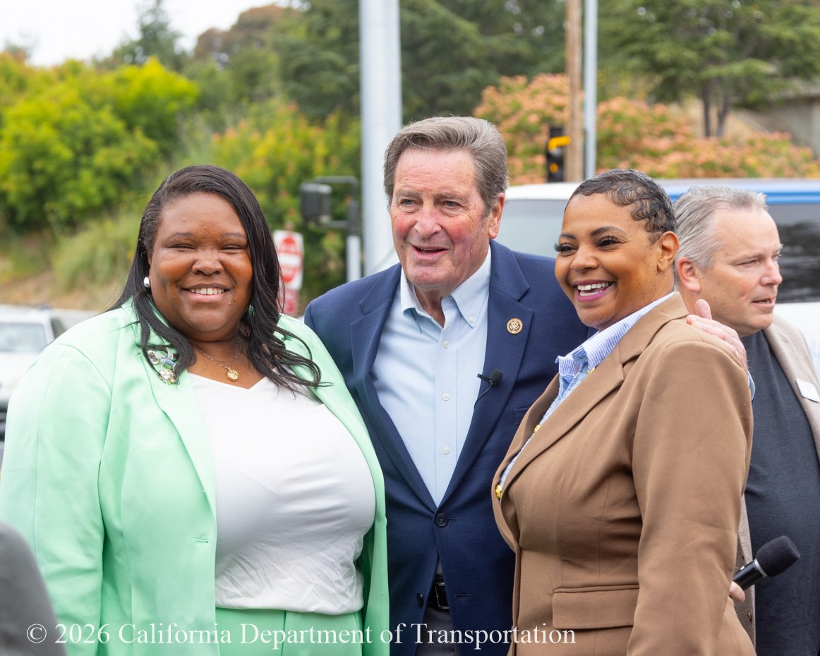 Congressman, Jon Garamendi, District 1 Supervisor, Cassandra James, and other officials celebrate the completion of the Diverging Diamond Interchange, or DDI ribbon cutting ceremony.