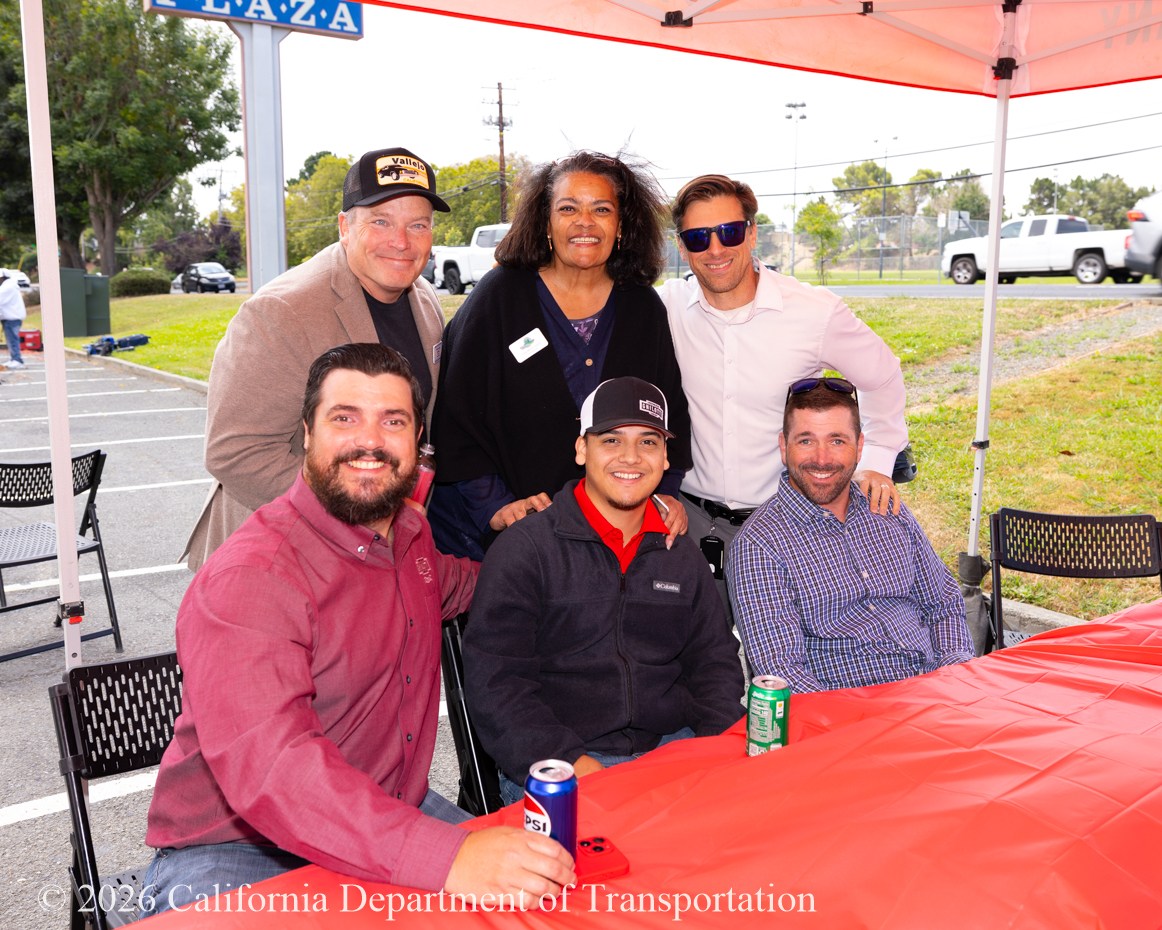Caltrans and STA Officials celebrate the completion of the Diverging Diamond Interchange, or DDI ribbon cutting ceremony.