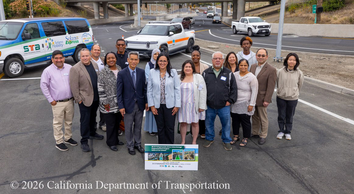 Caltrans Director, Dina El-Tawansy, Caltrans Bay Area Acting Director Doanh Nguyen, District Deputy Director Cheryl Chambers, Public Affairs Office Chief Bart Ney and other members of the Caltrans team that worked on the project celebrate the completion of the Diverging Diamond Interchange, or DDI ribbon cutting ceremony.