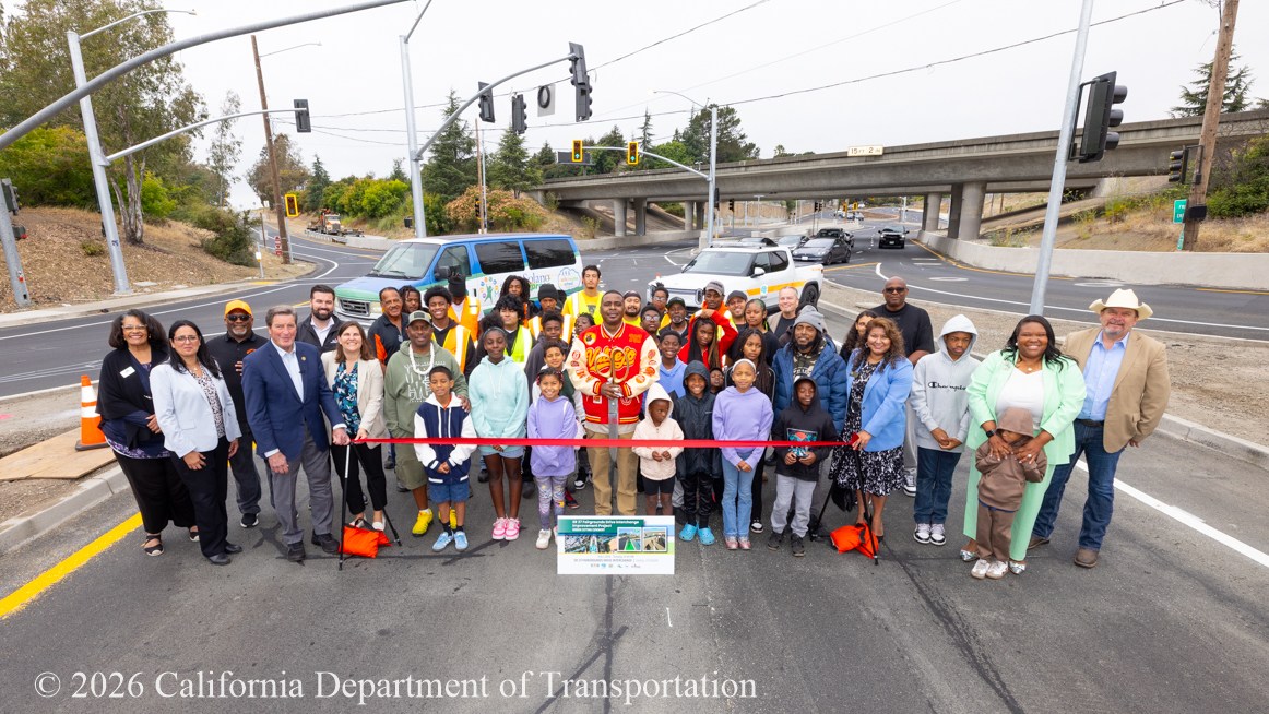 Caltrans, STA and various transportation authorities, community, and elected officials celebrate the completion of the Diverging Diamond Interchange, or DDI ribbon cutting ceremony.