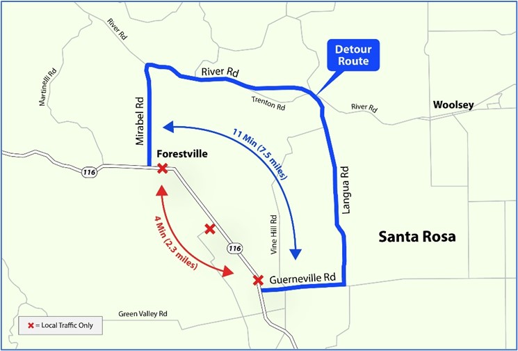 Map showing the detour route during the closure of the Jones Creek Bridge on State Route 116. During the closure, Caltrans will detour traffic onto Mirabel Road, River Road, Laguna Road, and Guerneville Road.