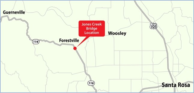 Map showing the location of the Jones Creek Bridge on State Route 116 near Forestville in Sonoma County.