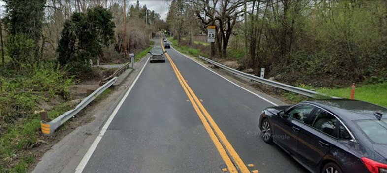 Two lanes of traffic crosses Jones Creek Bridge on State Route 116 in Sonoma County.