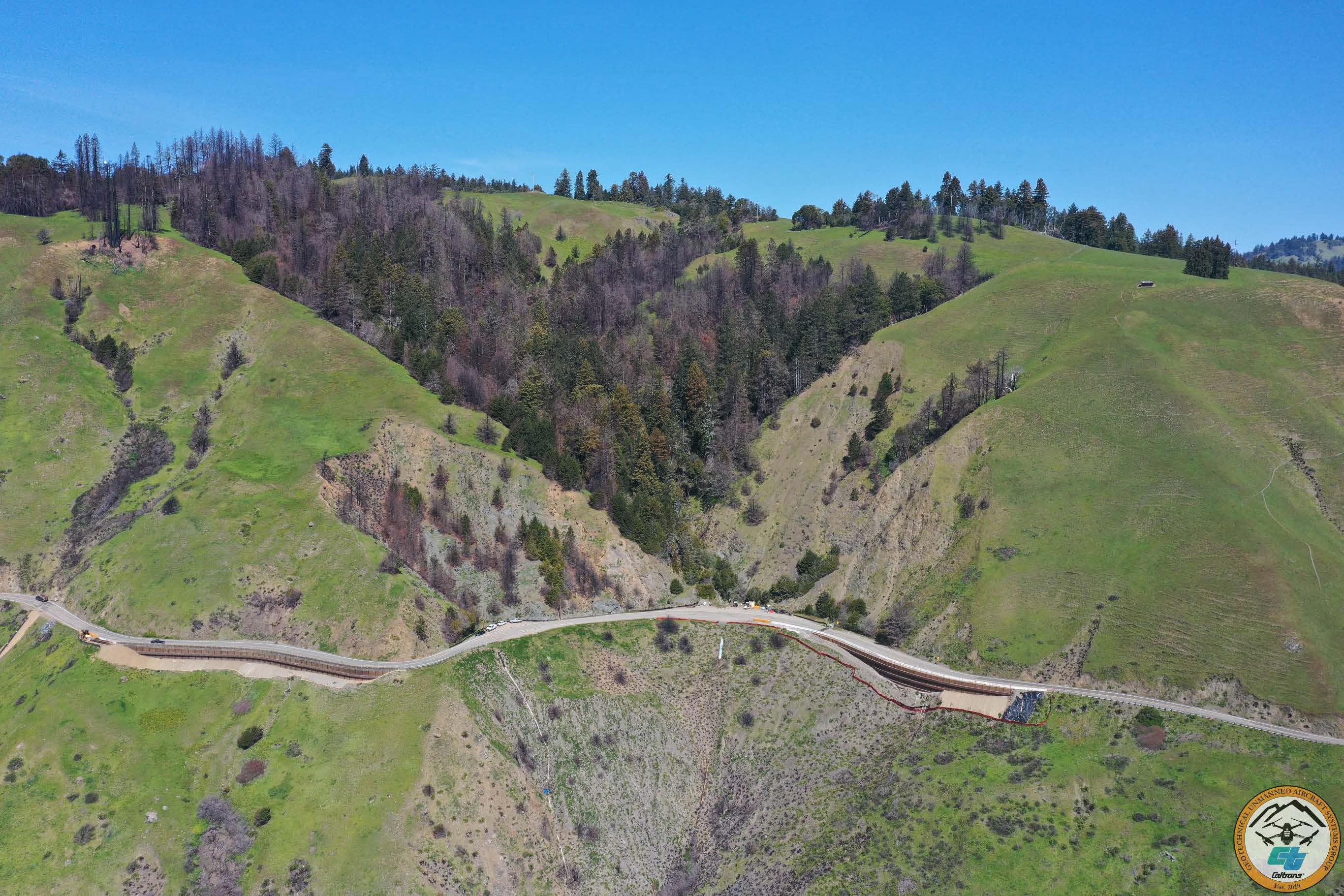 Image of slope where 701 Culverts Drain Highway 1 between Jenner and Gualala, a slope like this takes many culverts to drain.