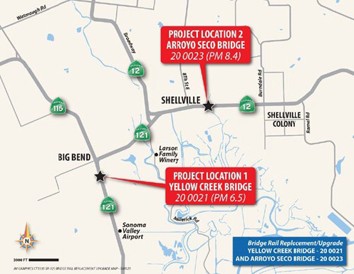 Map of Replacement of Bridge Railings project for Arroyo Seco Bridge and Yellow Creek Bridge on Route 116 and 121 in Schellville.