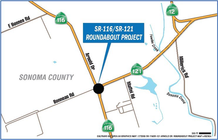 Map of location of the Route 116/121 Roundabout Project in Schellville.