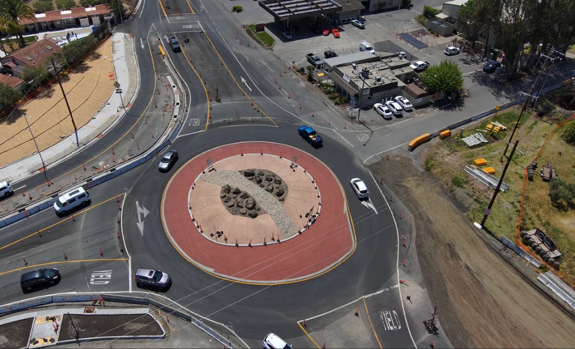 Overhead view of the roundabout on Route 116/121 where the Roundabout Project was completed in Schellville.