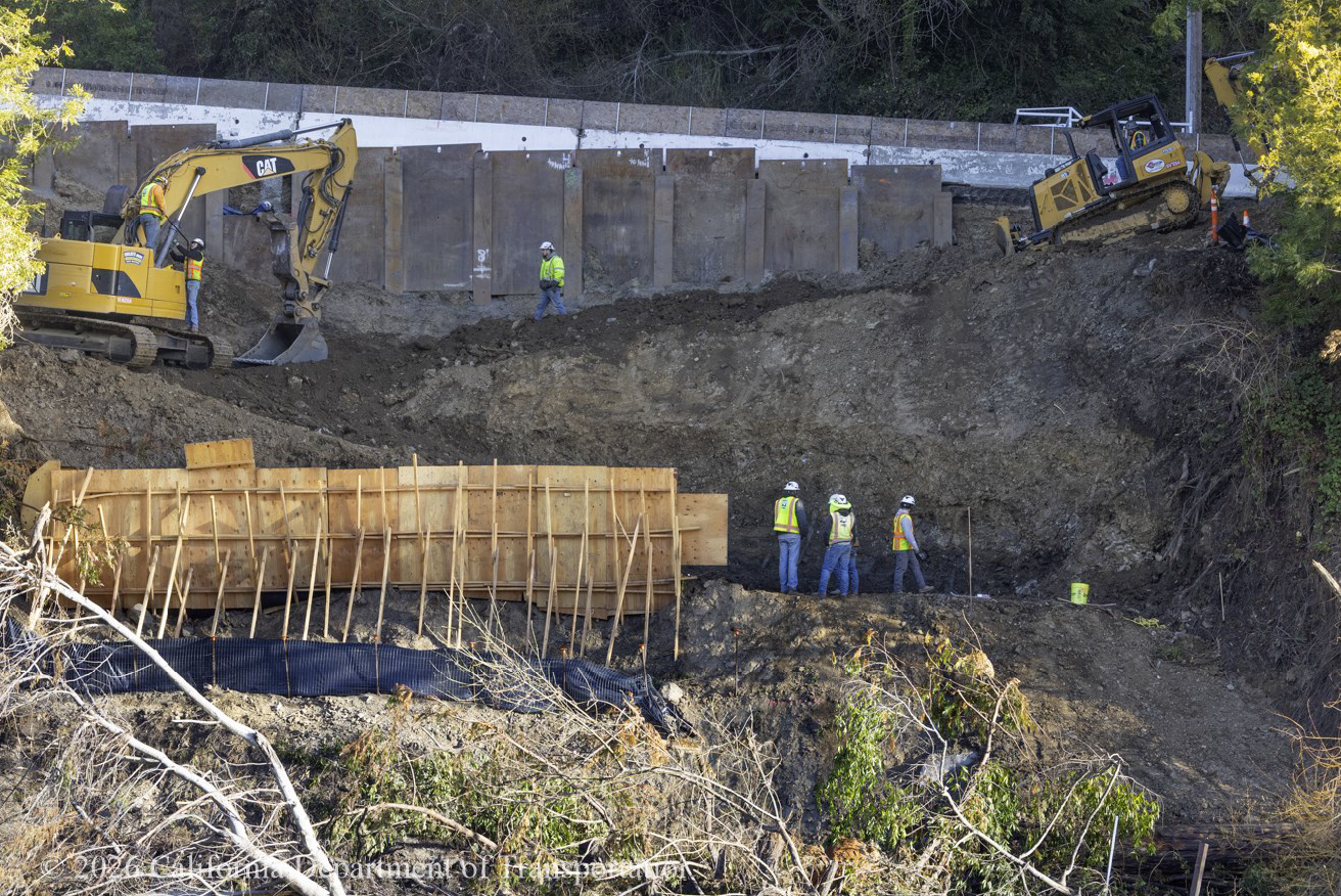 View from across the river at the newest slide on Route 116 between Duncans Mills and Monte Rio.