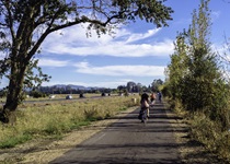 Photo by Sergio Ruiz. Photo shows a bike path that runs parallel to a roadway and separated by a stretch of grass.