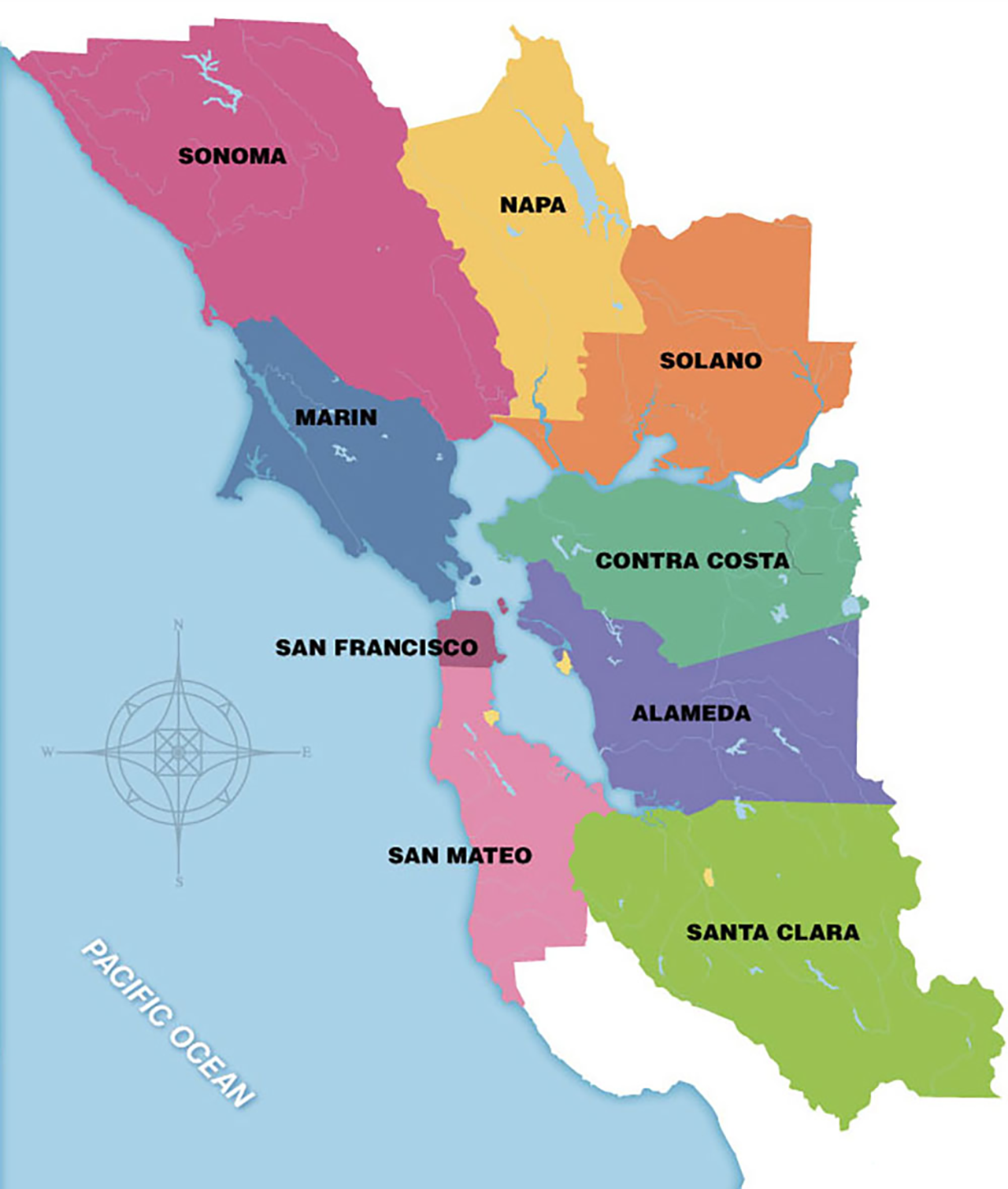 Map showing the nine counties that make up Caltrans District 4: Alameda, Contra Costa, Marin, Napa, San Francisco, San Mateo, Santa Clara, Solano, and Sonoma.