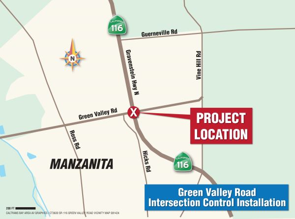 Project location map showing State Route 116 at Green Valley Road in Sonoma County, near Manzanita.