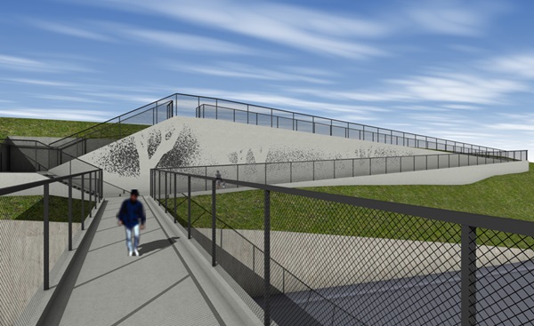 Image of one option for concrete patterns on the overcross. This aesthetic draws on murmuration of birds in flight as well as trees.