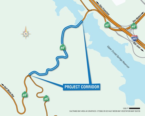 Project area map for fuel reduction project on State Route 92 in San Mateo County. The "Project Corridor" is indicated on State Route 92 between I-280 and State Route 35.