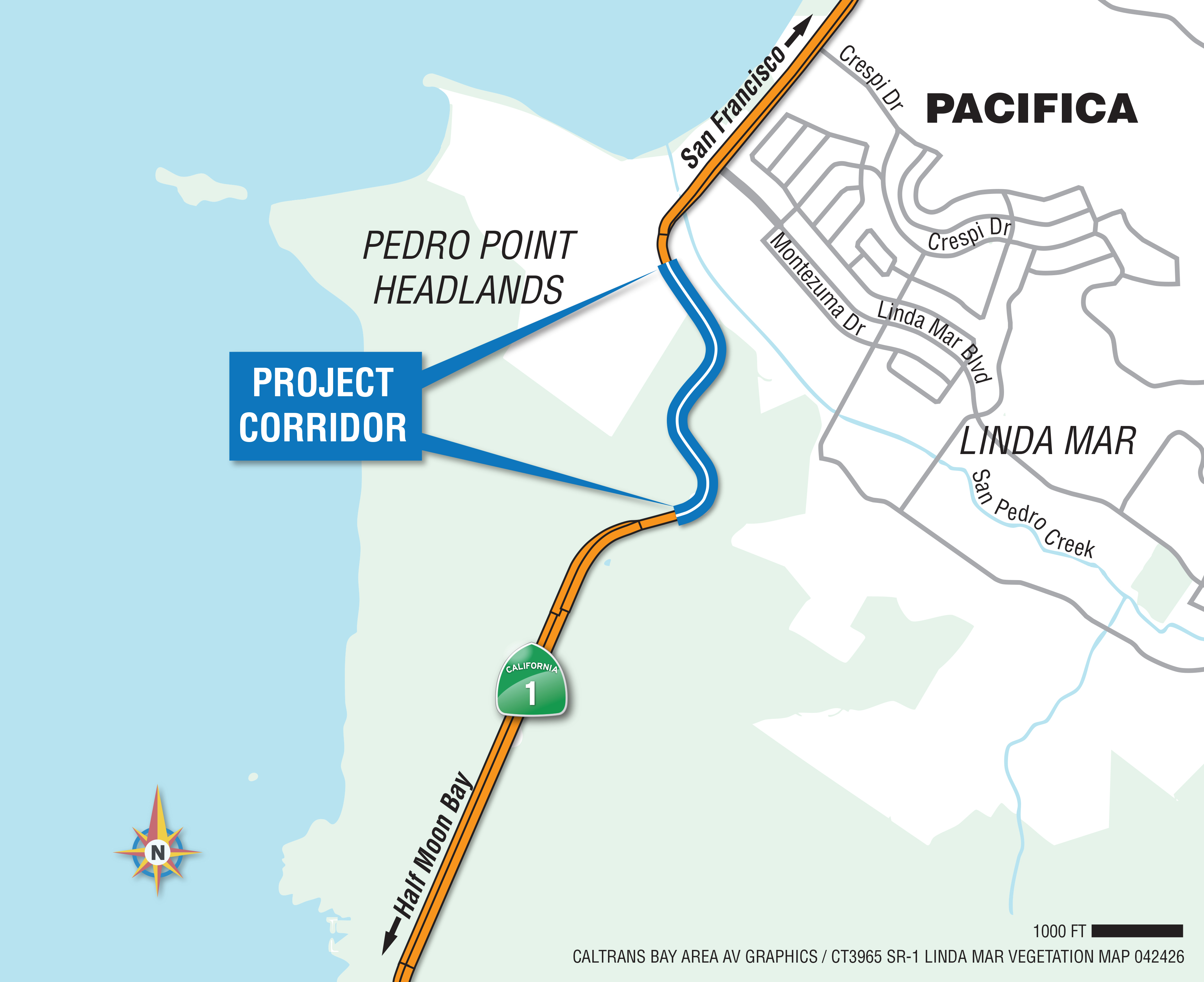 Map showing the project area on State Route 1 near Pacifica in San Mateo County. The "Project Corridor" is indicated on the map south of Pacifica, between postmiles 40.1 and 40.7.