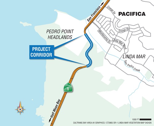 Map showing the project area on State Route 1 near Pacifica in San Mateo County. The "Project Corridor" is indicated on the map south of Pacifica, between postmiles 40.1 and 40.7.