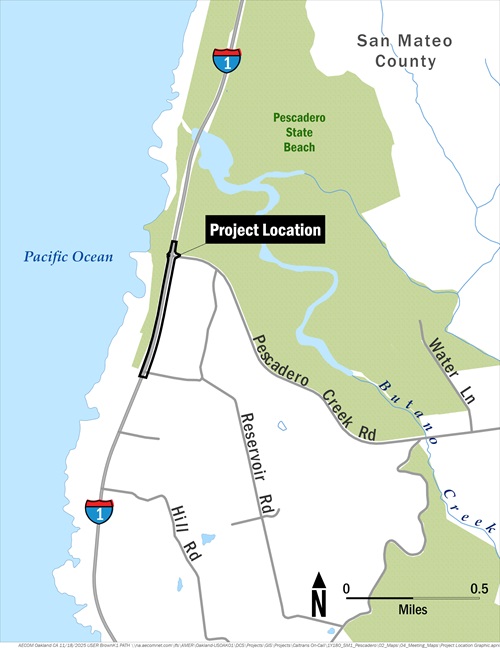 Map of San Mateo County showing the project limits of the State Route 1 Near Term Realignment Project from 0.5-mile south to 0.3-mile north of Pescadero Creek Road (PM 13.1 to PM 13.9), near Pescadero beach in San Mateo County.