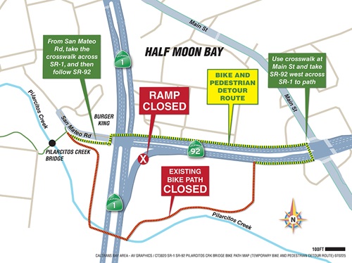 Map of Bike and Pedestrian Detour Route. From San Mateo Rd, take the crosswalk across SR-1, and then follow SR-92. From the east side of the closure, use crosswalk at Main St and take SR-92 west across SR-1 to path.
