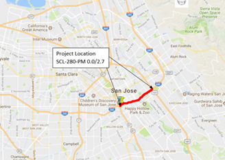 Map of Interstate 280 paving project in Santa Clara County between PM 0.0 and PM 2.7.