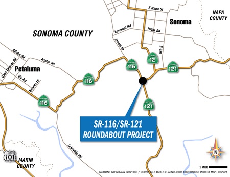 Map showing to location of the roundabout at the junction of State Route 116 and State Route 121 in Sonoma County.