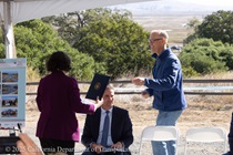 Executive Director of Transportation Authority of Marin, Anne Richman (left), State Senator and Senate President Pro Tempore Mike McGuire (center), and Representative for California's 2nd Congressional District, Jared Huffman (right), participate in the ribbon cutting ceremony on October 3, 2025.