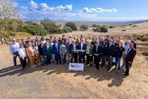 A collection of Caltrans staff pose with the ceremonial scissors at the Marin Sonoma Narrows ribbon cutting ceremony on October 3, 2025.