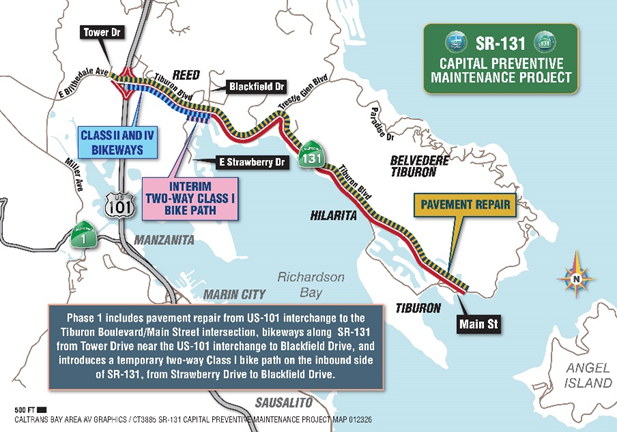 SR-131 Capital Preventive Maintenance Project map. Phase 1 includes pavement repair from US-101 interchange to the Tiburon Boulevard/Main Street intersection, bikeways along SR-131 from Tower Drive near the US-101 interchange to Blackfield Drive, and introduces a temporary two-way Class I bike path on the inbound side of SR-131, from Strawberry Drive to Blackfield Drive.