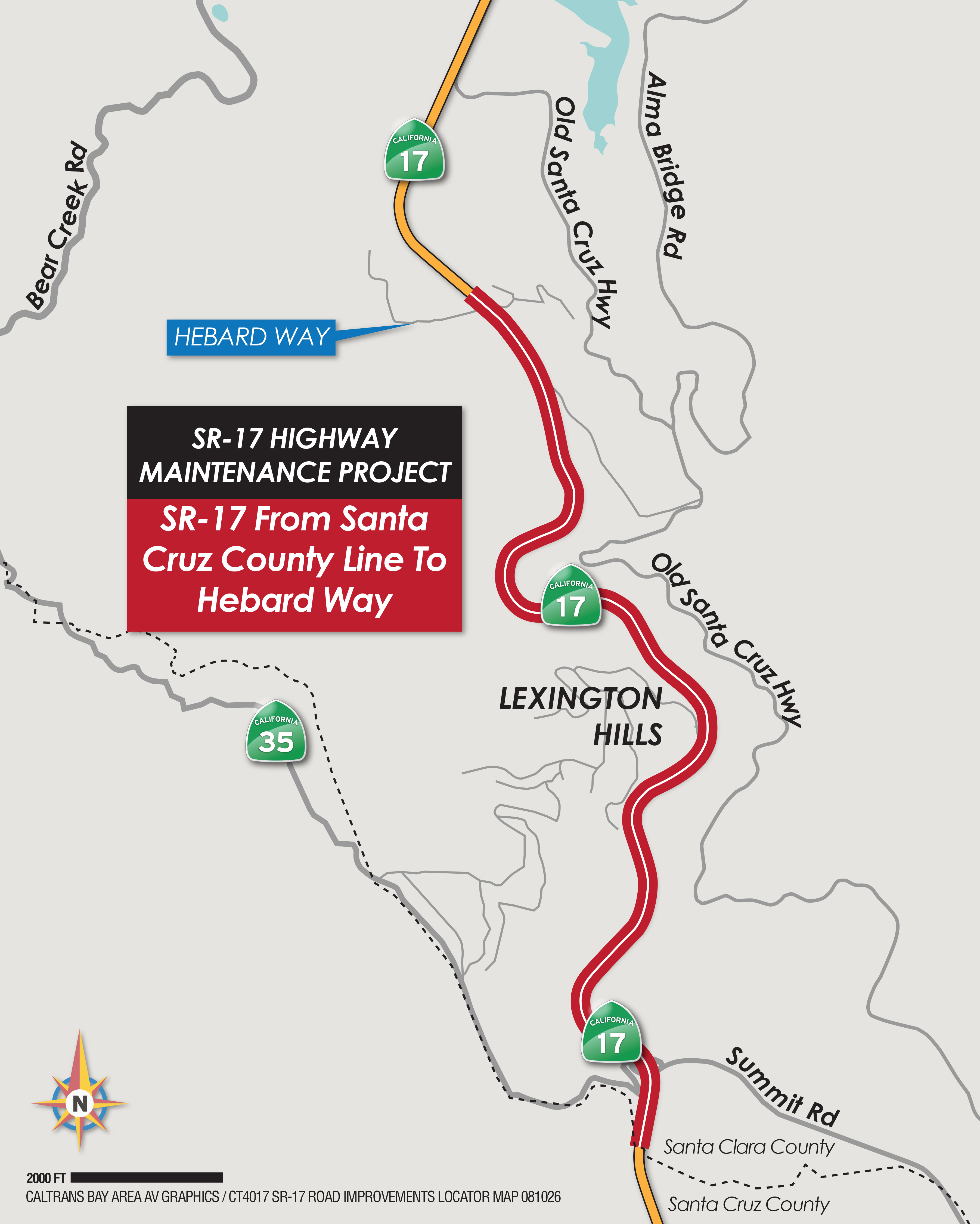 Project area map for the SR-17 Roadway Rehabilitation and Enhancements Project. Highlighted is the project area on State Route 17 in Santa Clara County between Hebard Way and the Santa Cruz County Line.