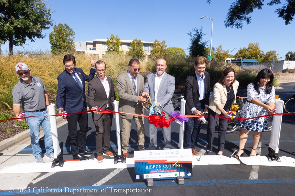 A red ribbon is cut to commemorate the the completion of the State Route 82 (SR-82) El Camino Real Paving Rehabilitation Project.