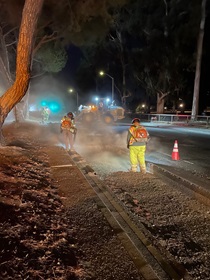 Caltrans workers working on pavement and ADA improvements on State Route 82 El Camino Real; between south of State Route-237; Mountain View to Sand Hill Road; Menlo Park/Palo Alto.