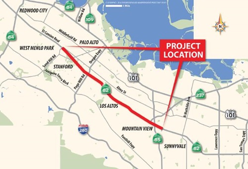 Caltrans D4 SR 82 Rehabilitation Project ADA Repairs map showing  project location on ECR at Embarcadero Rd. in Palo Alto
