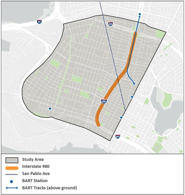 Map showing the Vision 980 study area; which is bounded by Broadway and Telegraph Avenue to the east; West MacArthur Boulevard to the north; Peralta Street to the west; and 7th Street to the south. I-980 and San Pablo Blvd. are both marked on the map as well as the locations of the four BART stations that are in or near the project area.